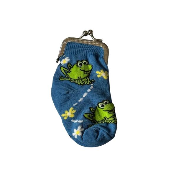Vintage Frog Coin Purse Blue Sock Style Clasp Wallet Cute Novelty Pouch ~5” - Picture 1 of 6